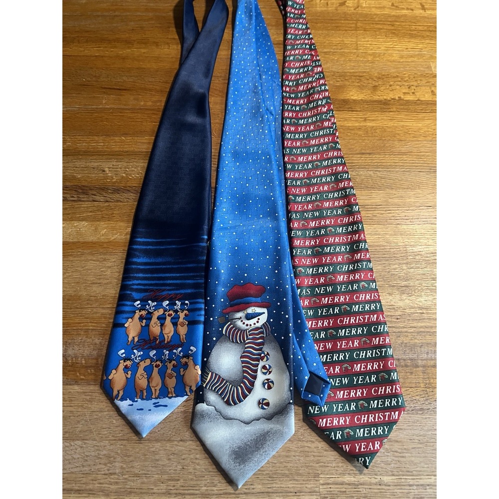 Lot Of 3 Men‎ Tie Christmas Holiday Snowman Reindeer Holly Polyester Neckties
